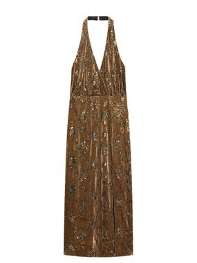 Zara Gold-Brown Velvet Sequin Midi Dress